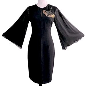 Trina Turk Women's Black Keyhole Sheer Sleeve Embellished Gold Bead Sheath Dress